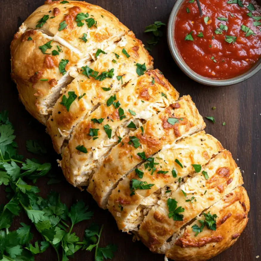 A top-down view of freshly baked chicken bread on a wooden cutting board. The bread is golden brown with a glossy egg-wash finish, sliced to reveal its creamy chicken and cheese filling. Fresh parsley garnish adds a pop of green, and a small bowl of marinara sauce is placed nearby for dipping.