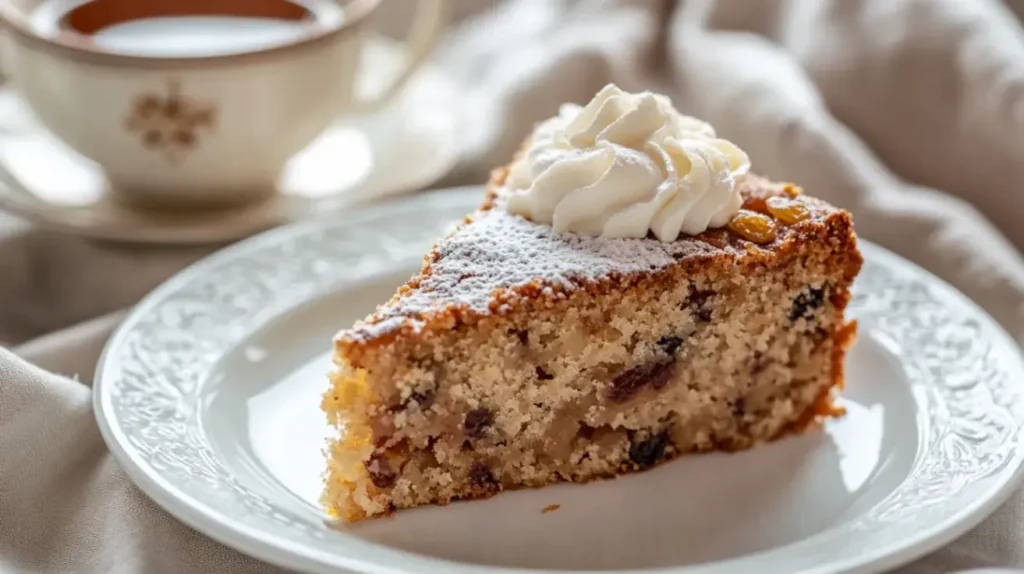 Close-up angled photograph of a slice of Amish applesauce cake recipe on a white ceramic plate, topped with whipped cream, emphasizing the moist texture and nutty inclusions, with soft warm lighting and a cozy kitchen background.