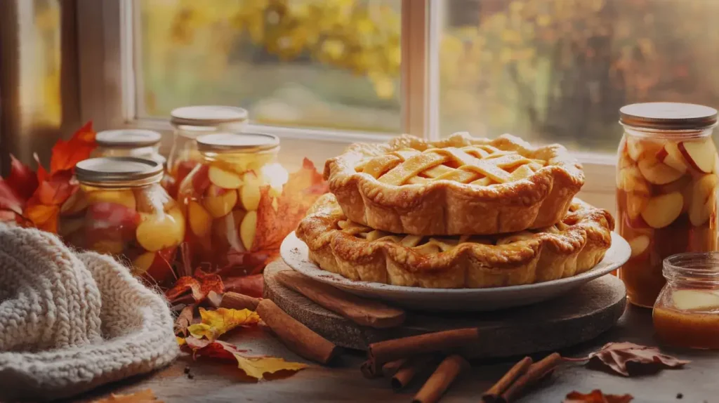 Close-up of two apple pies with jars of canned apple pie filling, autumn leaves, and cinnamon sticks by a window.