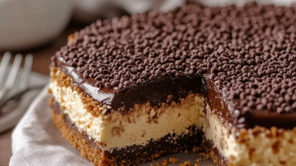 Three-quarter angle view of Brigadeiro Cheesecake with a slice being lifted, showing layers of crust, chocolate cheesecake, and brigadeiro topping, garnished with sprinkles and mini truffles.