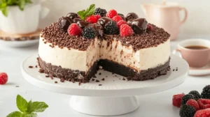 Overhead style shot of Brigadeiro Cheesecake sliced into wedges, each topped with whipped cream and a mini brigadeiro, surrounded by berries and mint.