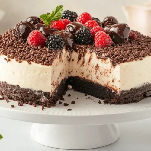 Overhead style shot of Brigadeiro Cheesecake sliced into wedges, each topped with whipped cream and a mini brigadeiro, surrounded by berries and mint.