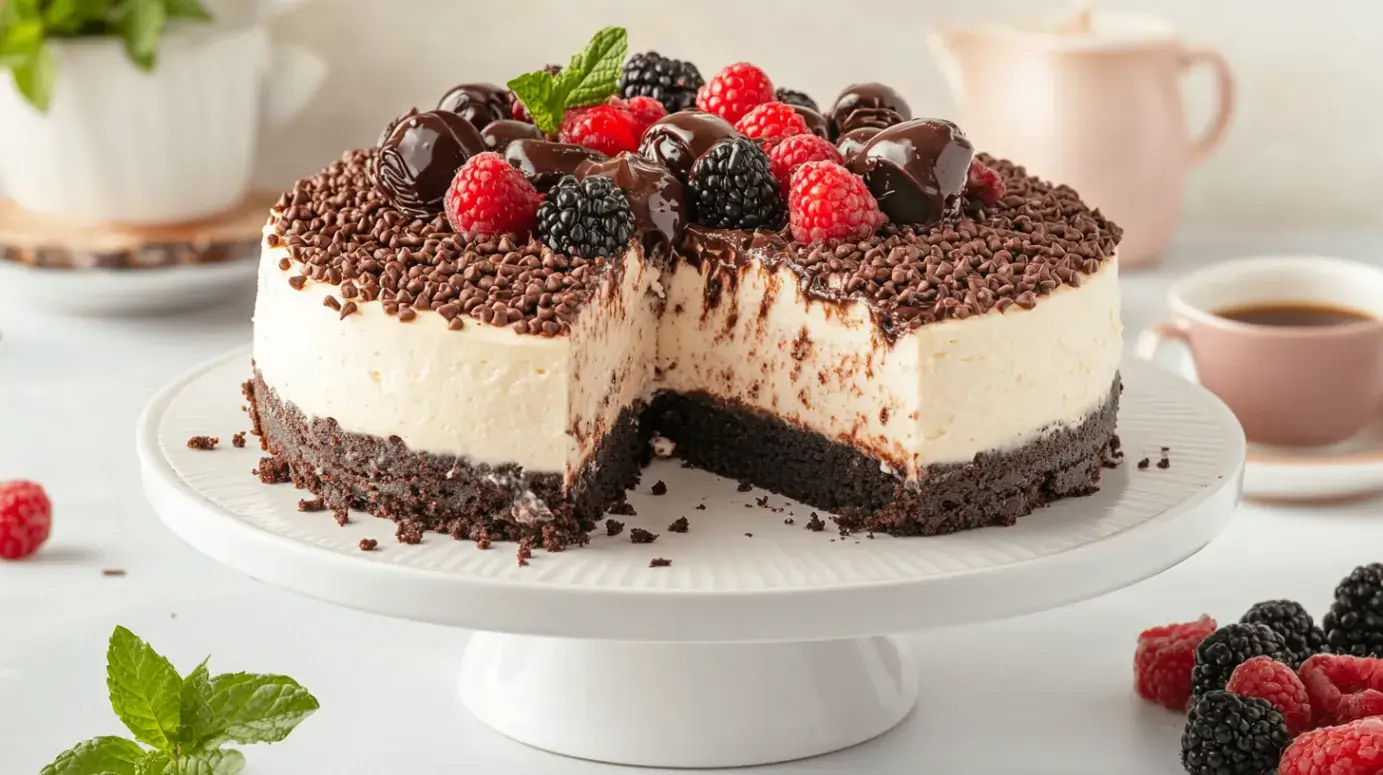 Overhead style shot of Brigadeiro Cheesecake sliced into wedges, each topped with whipped cream and a mini brigadeiro, surrounded by berries and mint.