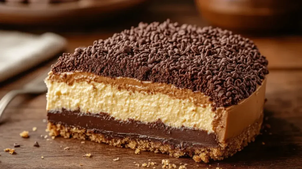 Side-angle close-up of Brigadeiro Cheesecake on a plate, with a bite taken out, showing creamy chocolate layers and glossy brigadeiro topping with sprinkles.