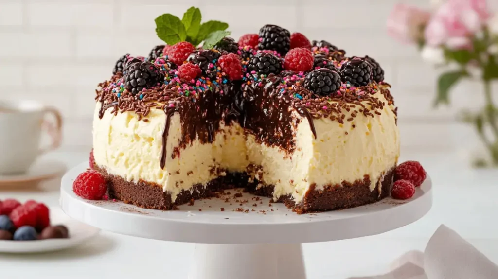 Image of Brigadeiro Cheesecake on a glass stand, with a slice on a pastel plate, gold fork, and mini brigadeiros, styled with flowers and soft linens.