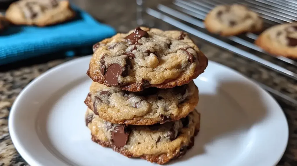 Side view of a stack of thick, chewy chocolate chip cookies without baking soda, with melted chocolate chips oozing from the sides and a blurred kitchen towel in the background.
