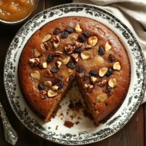 Top-down, high-resolution photo of a sliced Amish applesauce cake on a rustic wooden table, showing a moist golden-brown crumb studded with walnuts and raisins, with warm natural lighting highlighting the cake’s texture and a vintage ceramic plate beneath.