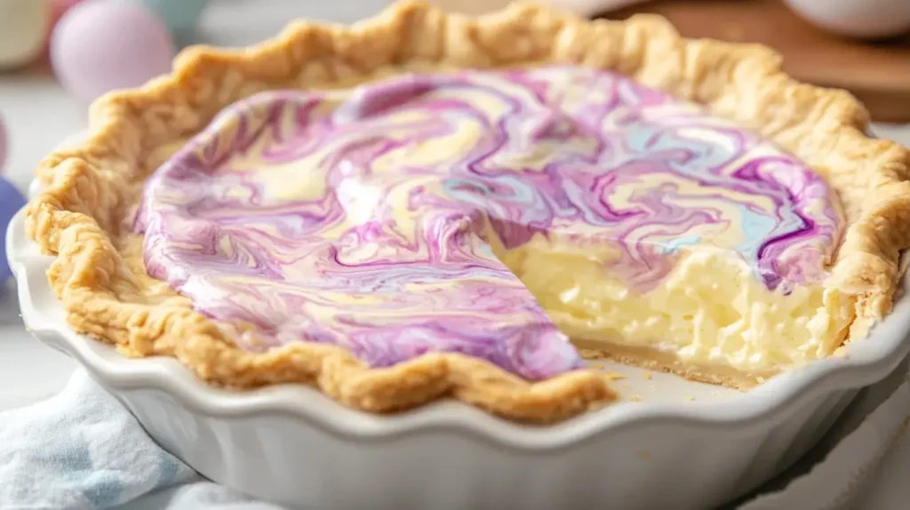 Side-angle close-up of a freshly baked Easter Swirl Pie Recipe with colorful pastel swirls on the creamy filling, the golden crust slightly raised and textured, with soft light casting gentle shadows.