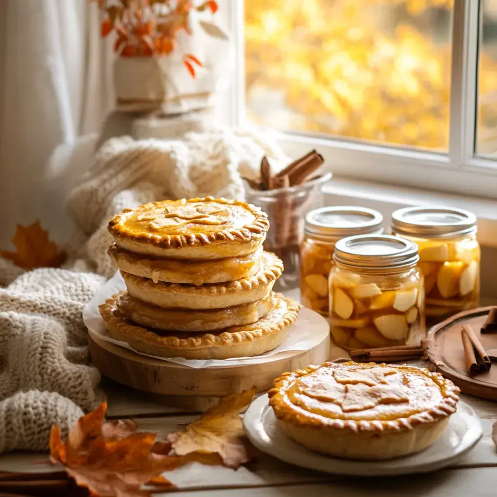 Stack of homemade apple pies and jars of canned apple pie filling on a cozy autumn table by the window.
