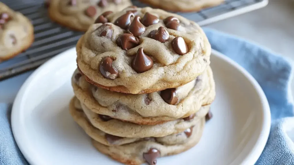 Angled shot of a chocolate chip cookie broken in half, showing the soft, dense center and melted chocolate chips, with more cookies and a glass of milk in the background.