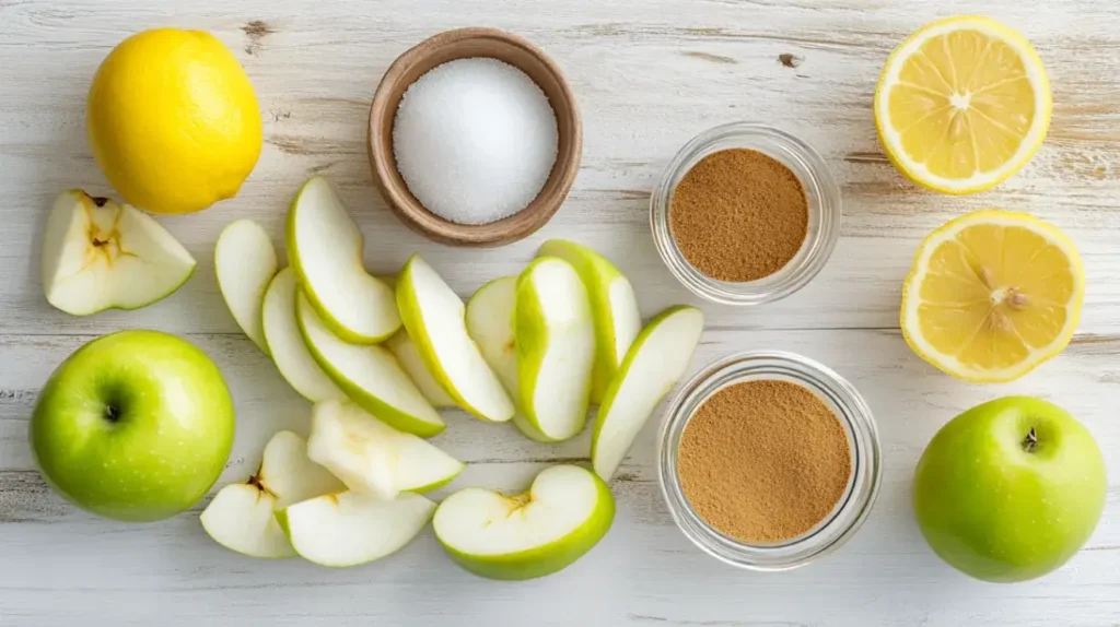 Flat-lay of green apples, lemon halves, sugar, and cinnamon on a white wooden background for apple pie filling.