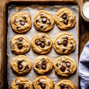 Top-down view of golden-brown chocolate chip cookies without baking soda on parchment paper, with melted chocolate chips and a glass of milk on a rustic wooden table.