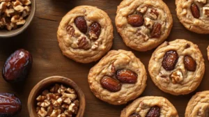 Top-down view of golden-brown date cookies with visible date chunks and walnuts on a rustic wooden table, surrounded by whole dates and chopped nuts.