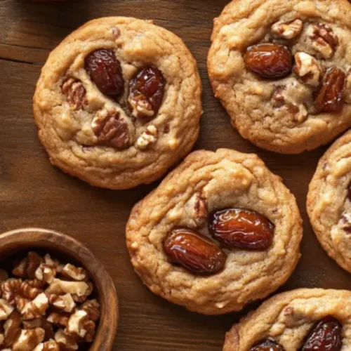 Top-down view of golden-brown date cookies with visible date chunks and walnuts on a rustic wooden table, surrounded by whole dates and chopped nuts.
