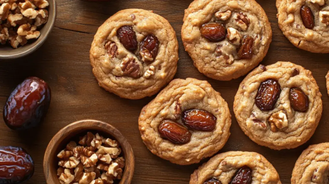 Top-down view of golden-brown date cookies with visible date chunks and walnuts on a rustic wooden table, surrounded by whole dates and chopped nuts.
