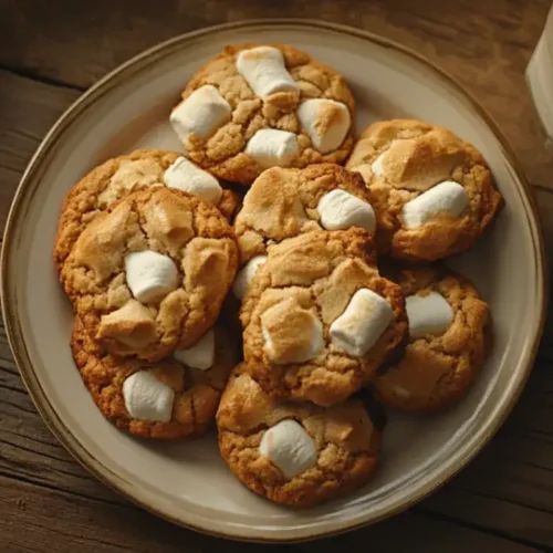 Top-down view of freshly baked soft and chewy marshmallow cookies with gooey marshmallow centers and chocolate chips on a parchment-lined baking sheet.