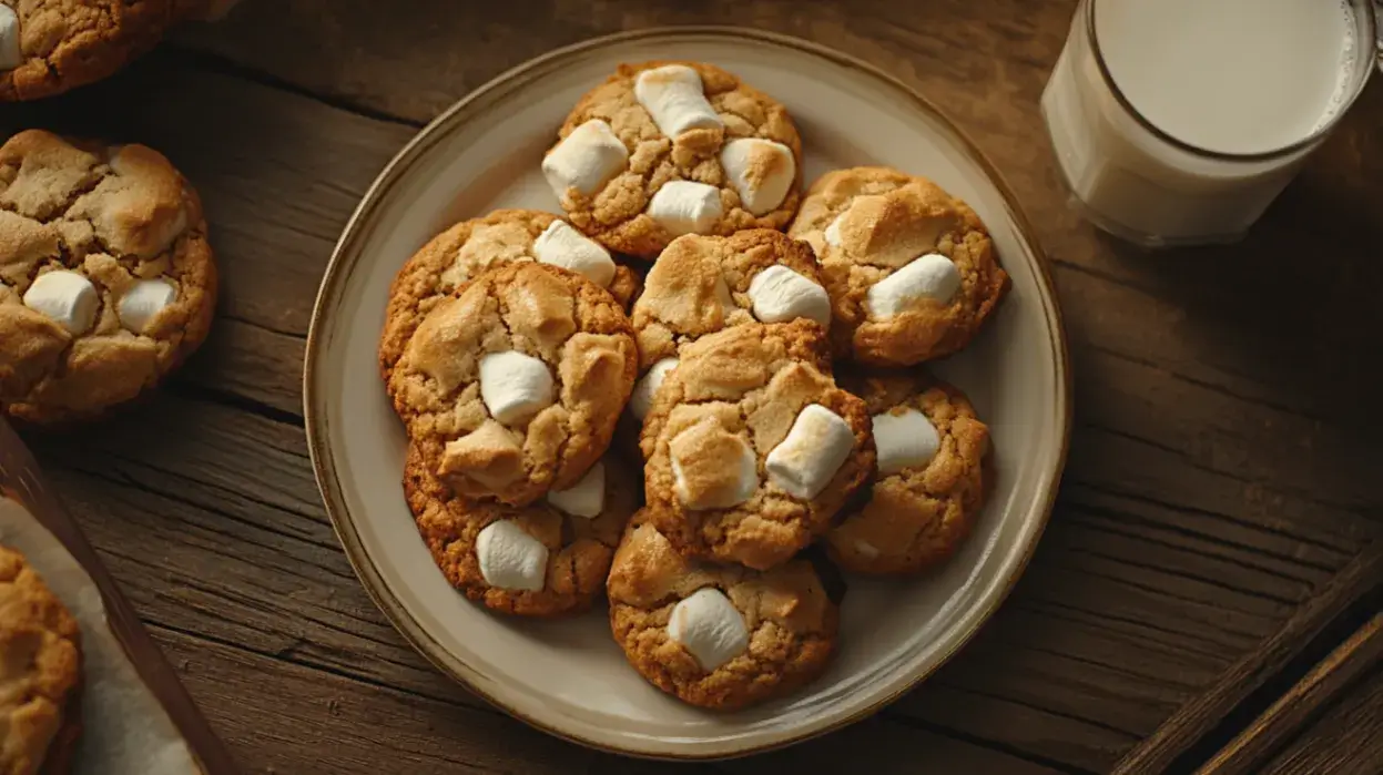 Top-down view of freshly baked soft and chewy marshmallow cookies with gooey marshmallow centers and chocolate chips on a parchment-lined baking sheet.
