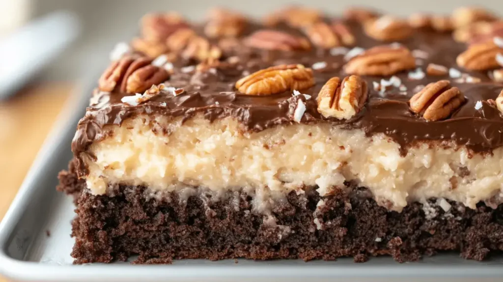 Side view of German chocolate poke cake showing moist chocolate cake layers and thick coconut pecan frosting with toasted coconut and pecans.
