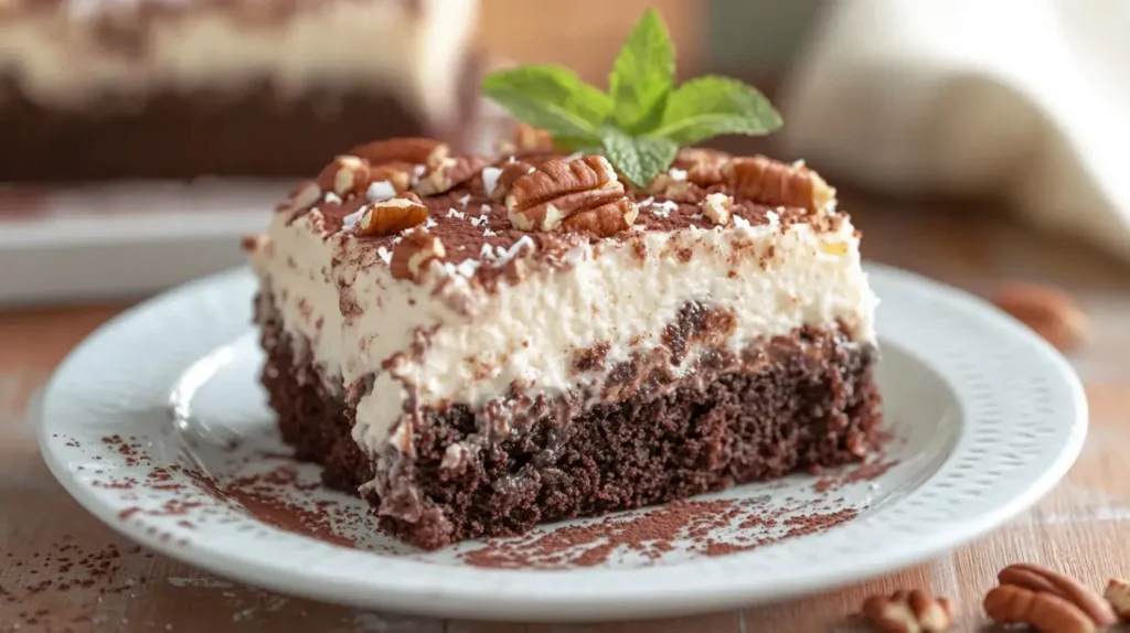 Slice of German chocolate poke cake on a white plate with coconut pecan recipe frosting, garnished with mint and cocoa powder.