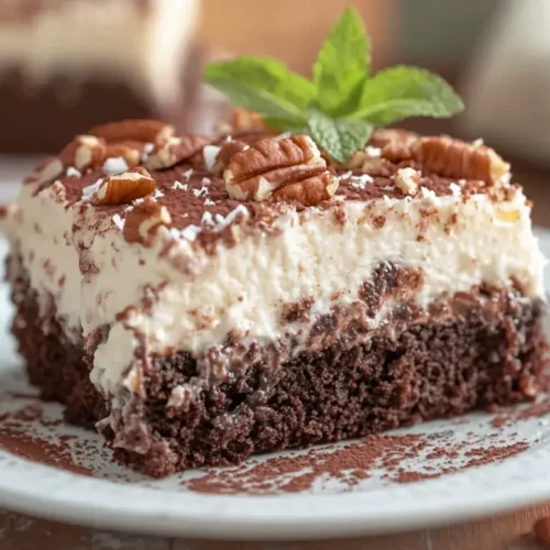 Slice of German chocolate poke cake on a white plate with coconut pecan recipe frosting, garnished with mint and cocoa powder.