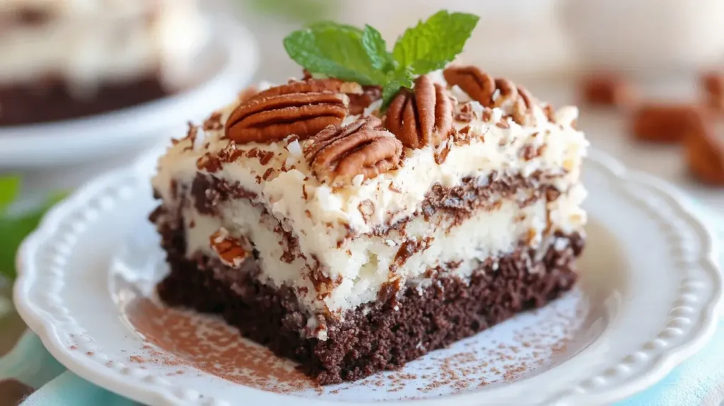 Slice of German chocolate poke cake on a white plate with coconut pecan frosting, garnished with mint and cocoa powder.
