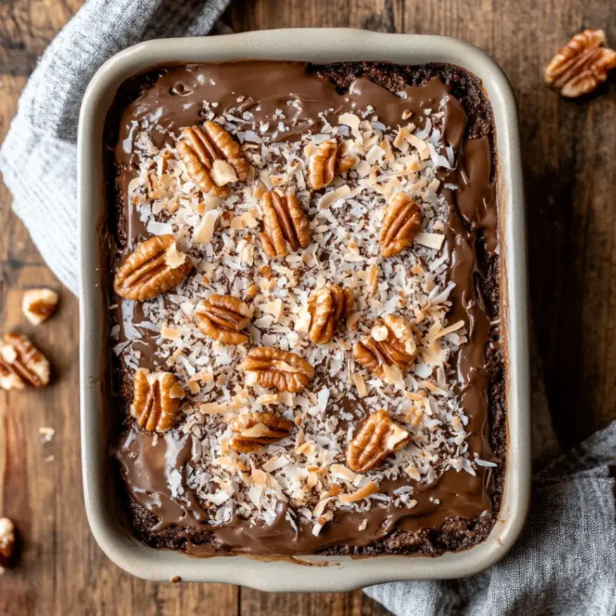 Top-down view of a German chocolate poke cake with coconut pecan frosting in a rectangular baking dish, showing moist chocolate cake and toasted coconut topping.