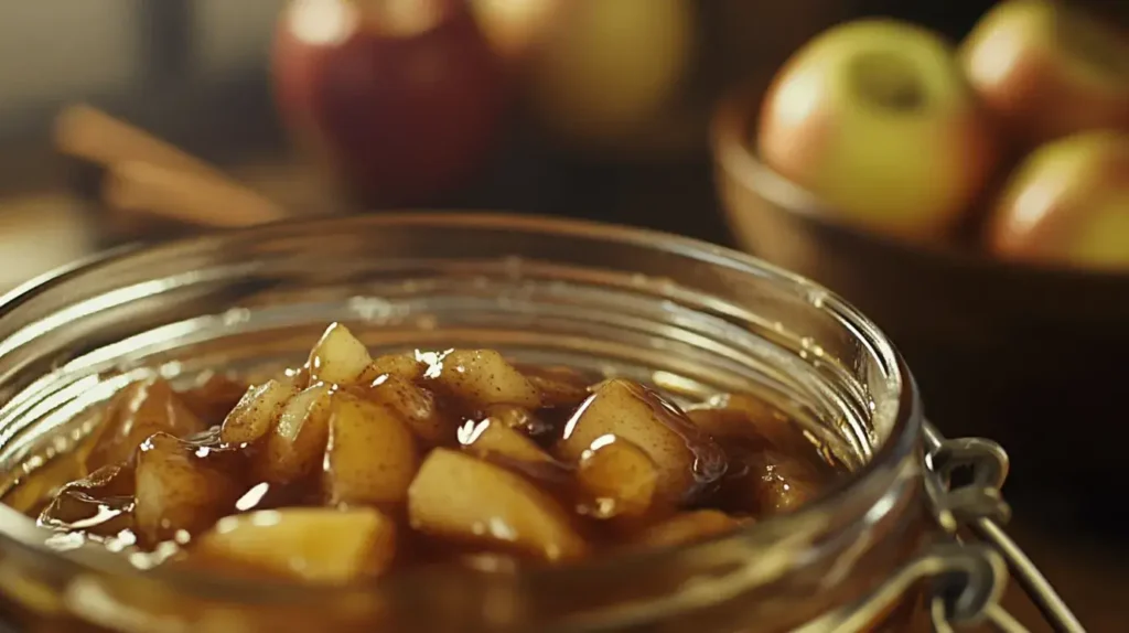 Glass jar of glossy homemade canned apple pie filling with fresh apples in the background.
