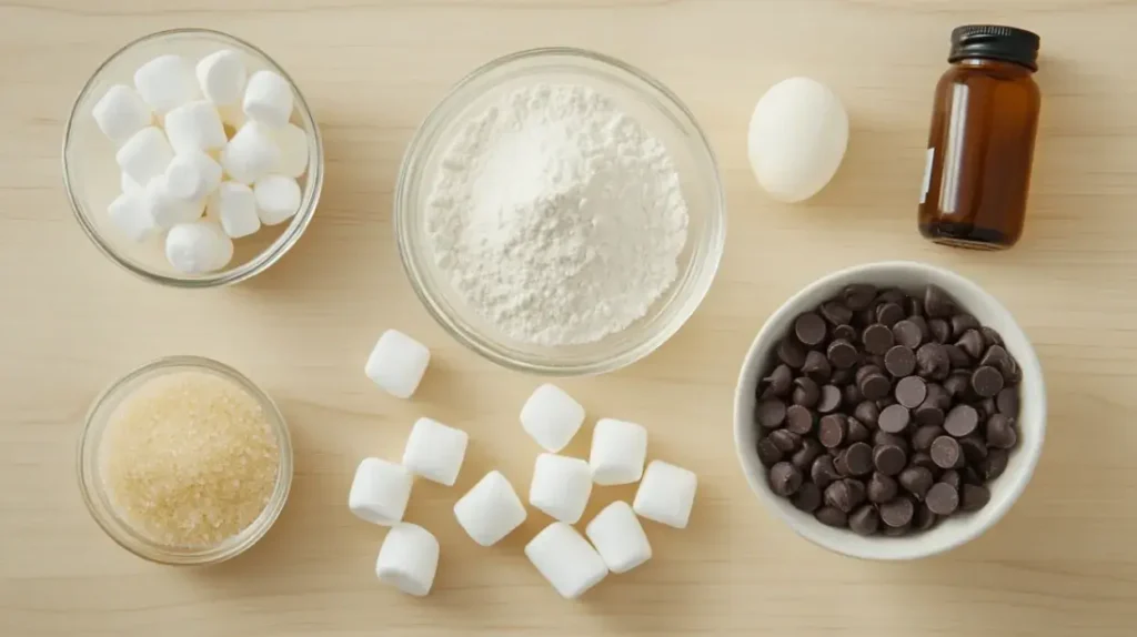 Flat-lay of raw ingredients for marshmallow cookies recipe, including flour, sugars, butter, egg, vanilla, mini marshmallows, and chocolate chips.