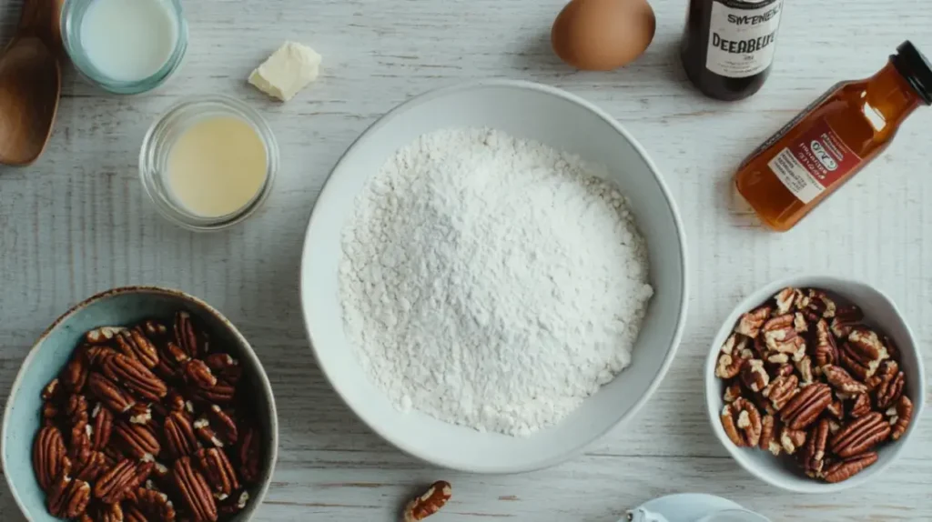 Flat-lay of raw ingredients for Sweet Alabama Pecan Bread including flour, sugar, eggs, milk, butter, vanilla, baking powder, salt, and chopped pecans.
