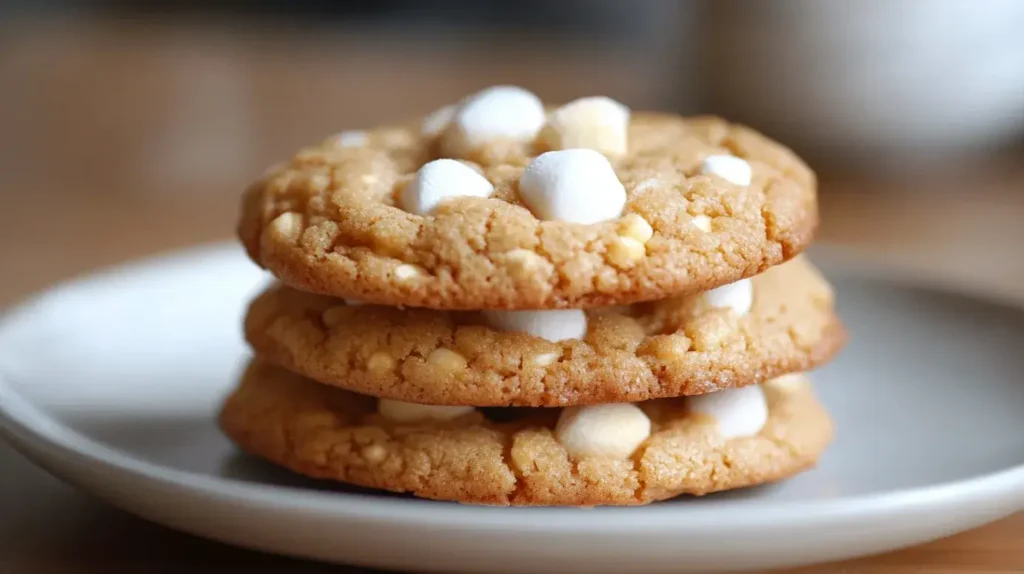 Image of marshmallow cookies on a cooling rack, with gooey centers visible and bowls of marshmallows and chocolate chips nearby.