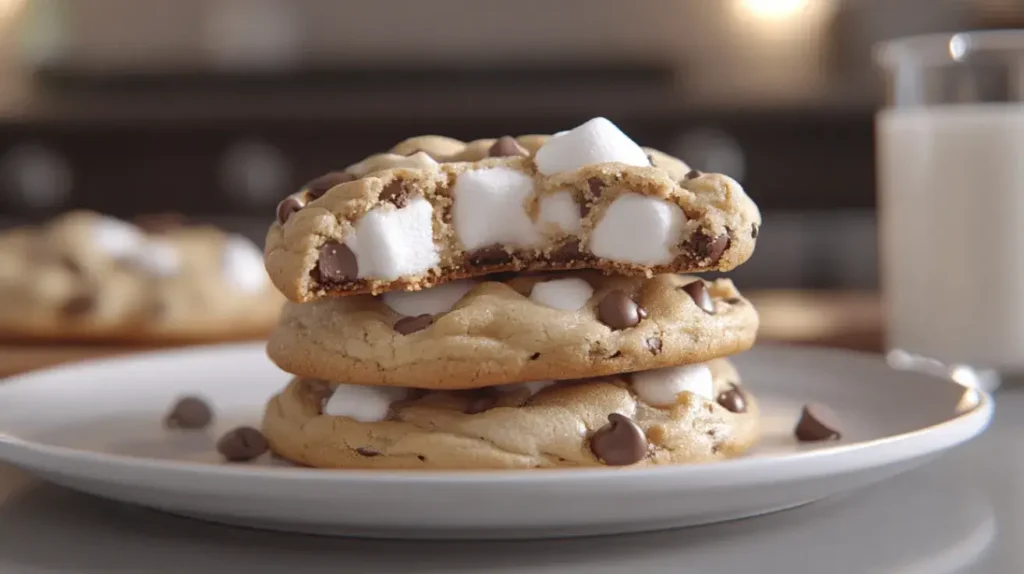 Angled close-up of marshmallow cookies stacked on a plate, with gooey marshmallow and chocolate chips visible, one cookie broken open.