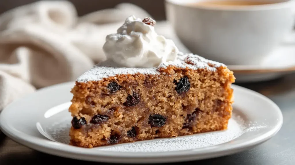 Eye-level, close-up photo of a slice of Amish applesauce cake on a white plate, showing moist crumb with nuts and raisins, lightly dusted with powdered sugar, with a blurred cup of tea and linen napkin in the background.