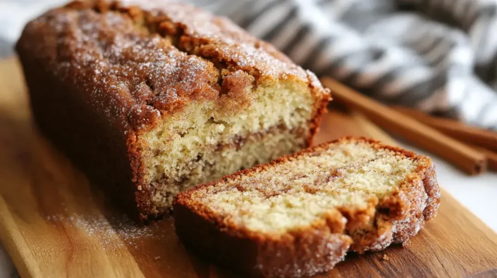 Close-up angled photo showing a sliced Ssnickerdoodle banana bread recipe loaf on a wooden board, highlighting the moist crumb and cinnamon sugar crust with one slice partially pulled away.