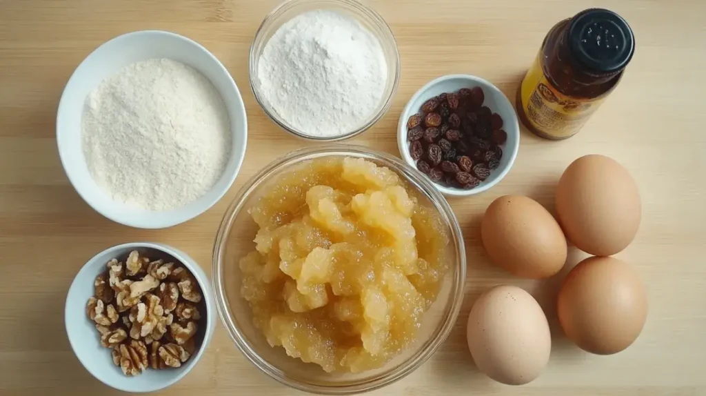 Close-up flat-lay of raw ingredients for Amish applesauce cake recipe, including applesauce in a glass bowl, all-purpose flour, sugar, eggs, ground cinnamon, nutmeg, cloves, baking soda, salt, vanilla extract, chopped walnuts, and raisins arranged neatly on a light wooden surface.