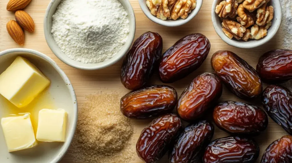 Flat-lay close-up of raw ingredients for date cookies including Medjool dates, flour, brown sugar, butter, egg, baking soda, salt, and chopped walnuts on a wooden board.