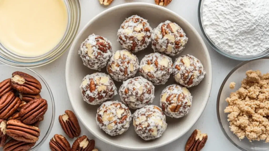 Close-up flat lay of raw ingredients for pecan pie balls no bake, including a bowl of chopped pecans, a block of cream cheese, powdered sugar in a small dish, graham cracker crumbs, and a small bottle of vanilla extract arranged neatly on a light wooden surface with soft natural lighting emphasizing the fresh textures and colors.