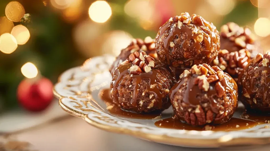 Slightly angled, close-up photo of pecan pie balls no bake on a dark ceramic plate, showing the layered texture of chopped pecans coating the creamy interior. The image captures the depth and dimension of the balls with soft shadows and highlights, emphasizing their rich, nutty, and creamy qualities.