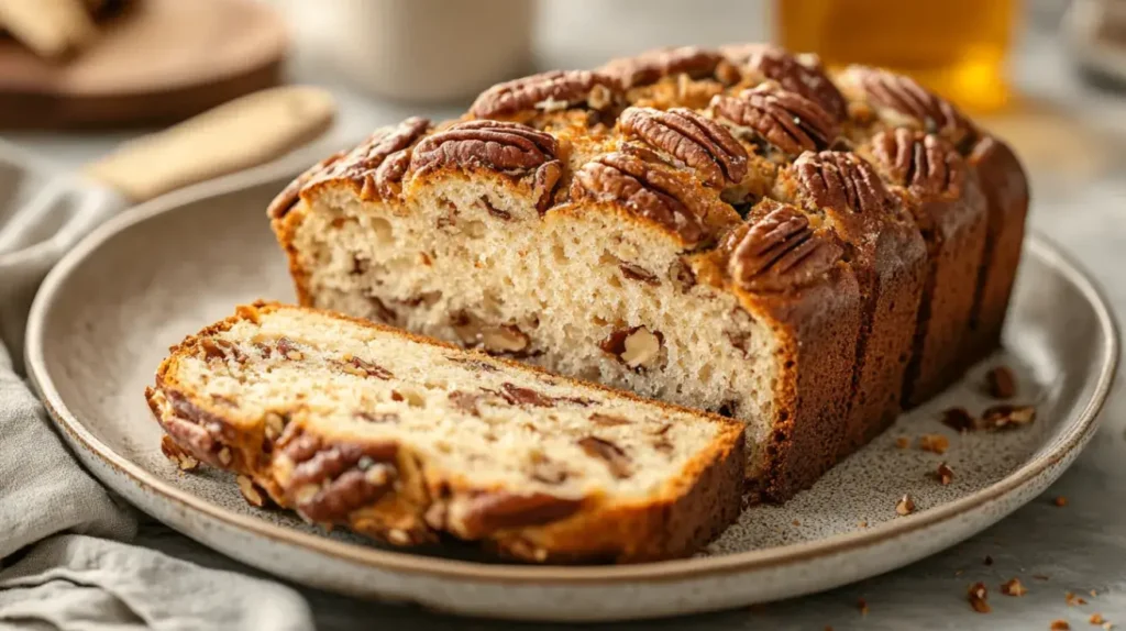 Side-angle close-up of sliced Sweet Alabama Pecan Bread showing moist crumb and pecan pieces on a ceramic plate.
