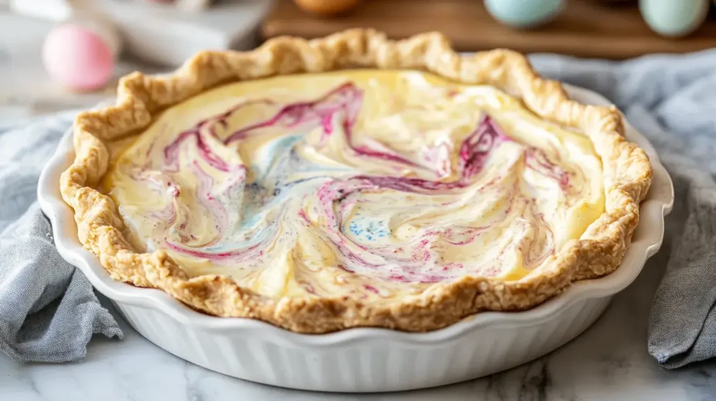 Close-up angled shot of an Easter Swirl Pie Recipe showing the thick golden crust and glossy pastel swirls on the creamy filling, with a partially sliced piece revealing the smooth texture inside, set against a softly blurred kitchen counter.