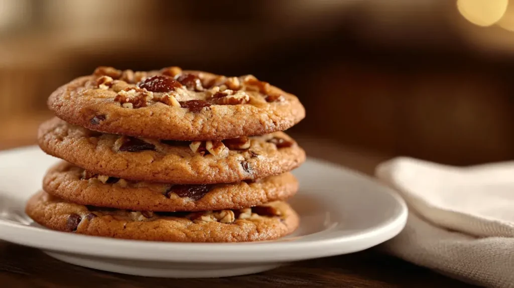 Side-angle view of a stack of golden date cookies recipe on a white plate showing chewy interiors with dates and walnuts, set against a warm kitchen background.