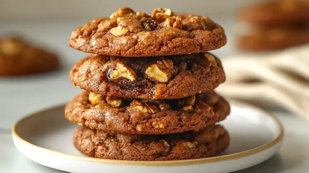 Side-angle view of a stack of golden date cookies recipe on a white plate showing chewy interiors with dates and walnuts, set against a warm kitchen background.