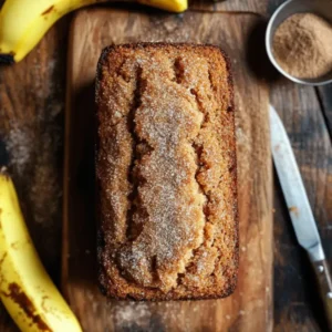 Top-down, high-resolution photo of a golden-brown snickerdoodle banana bread recipe loaf on a rustic wooden board, topped with sparkling cinnamon sugar, surrounded by ripe bananas and a bowl of cinnamon sugar, lit by soft natural light.