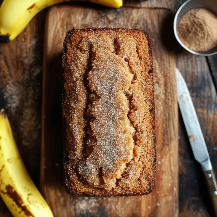Top-down, high-resolution photo of a golden-brown snickerdoodle banana bread recipe loaf on a rustic wooden board, topped with sparkling cinnamon sugar, surrounded by ripe bananas and a bowl of cinnamon sugar, lit by soft natural light.