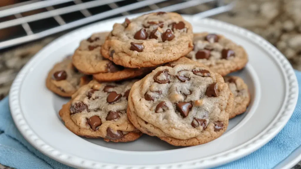 Low angle view of several chocolate chip cookies without baking soda resting on a wire cooling rack, with chocolate chips glistening and a marble countertop beneath.