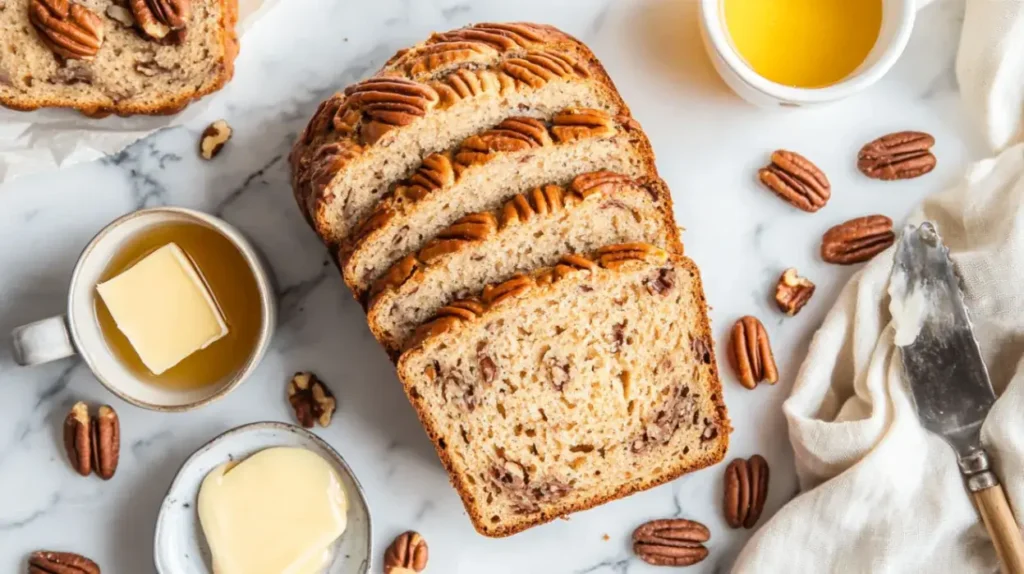 Sweet Alabama Pecan Bread with butter, honey, pecans, and a cup of coffee on a marble surface.