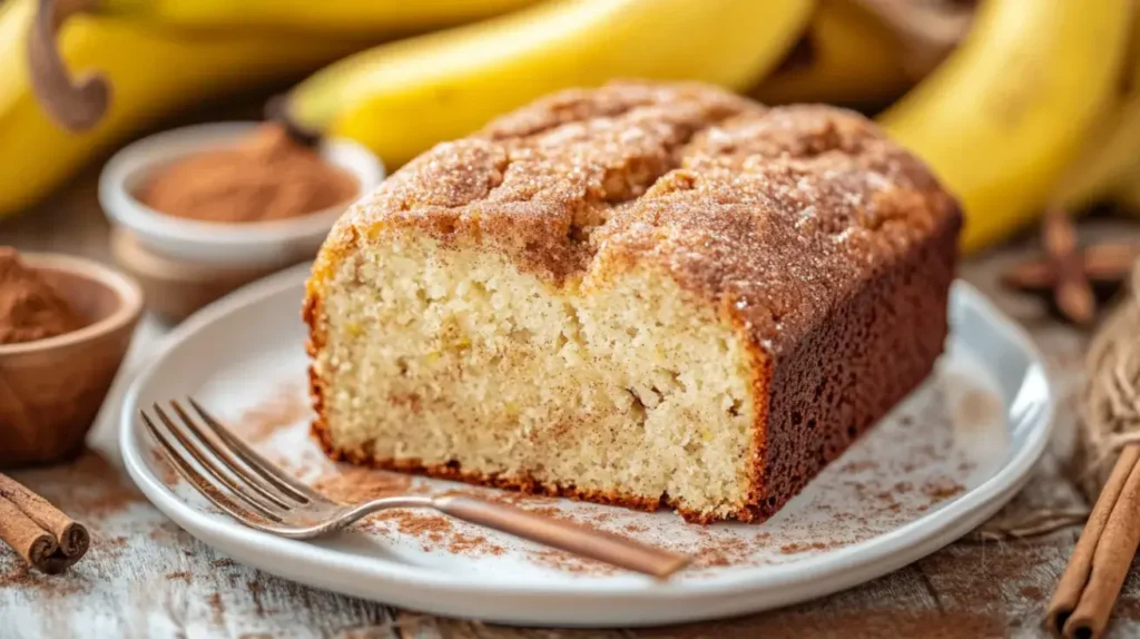Close-up angled shot of snickerdoodle banana bread recipe with focus on the crumb texture and cinnamon sugar crust, with cinnamon sticks and a kitchen towel softly blurred in the background.