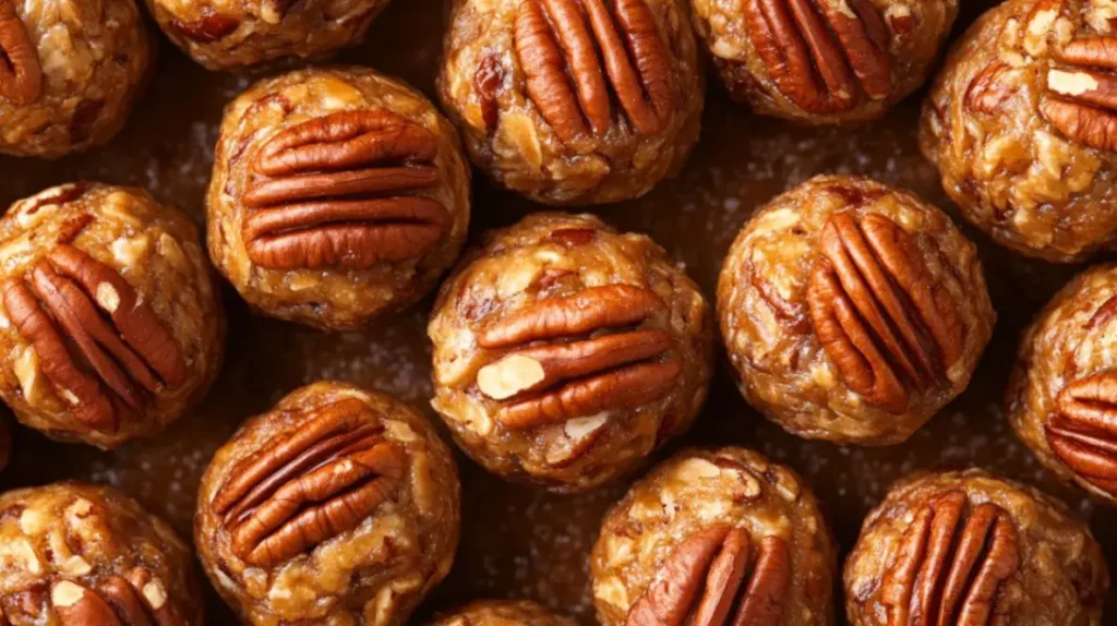 Bright, inviting-style photo of no bake pecan pie balls arranged on a festive platter with a sprinkle of chopped pecans and a drizzle of caramel sauce. The background is softly blurred with warm holiday decorations, creating a cozy and celebratory atmosphere.