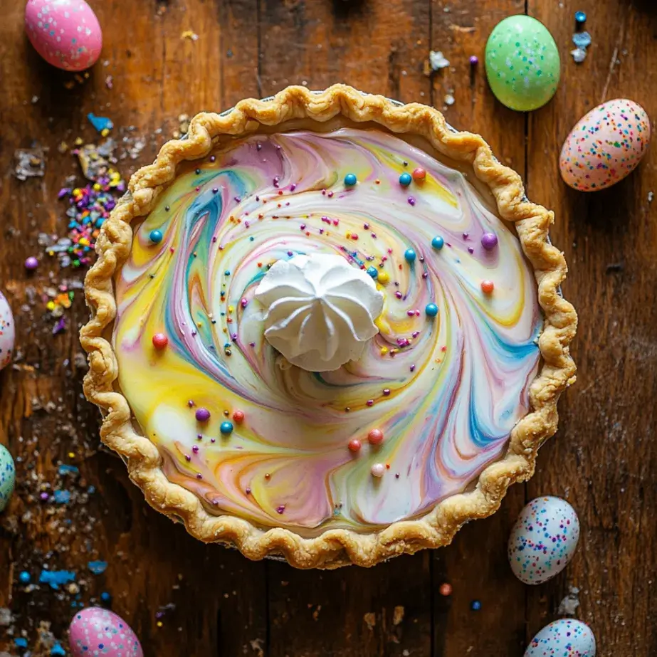 Top-down, high-resolution photo of a golden-brown easter swirl pie recipe with pastel-colored swirls in pink, blue, yellow, and green, set on a rustic wooden table with soft natural lighting and subtle Easter decorations in the background.