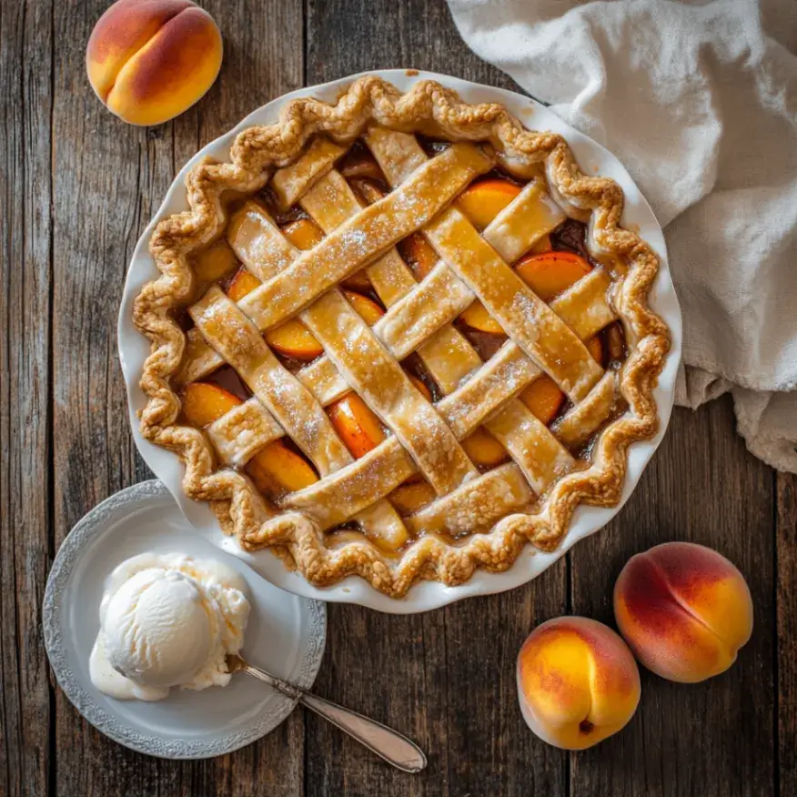 Golden-brown peach pie with a lattice crust showing bubbling canned peach filling, resting on a rustic wooden table next to a scoop of melting vanilla ice cream on a white plate.