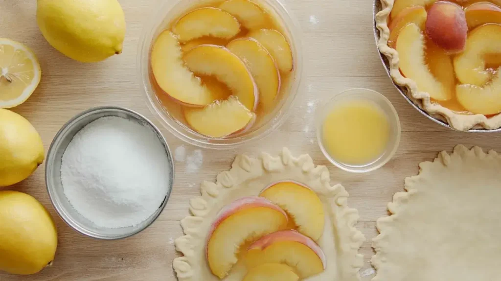 Flat-lay close-up of raw ingredients for peach pie: two cans of sliced peaches in syrup, sugar, cornstarch, lemon halves, cinnamon, nutmeg, butter pats, and two rolled-out pie dough rounds on a light wooden surface.
